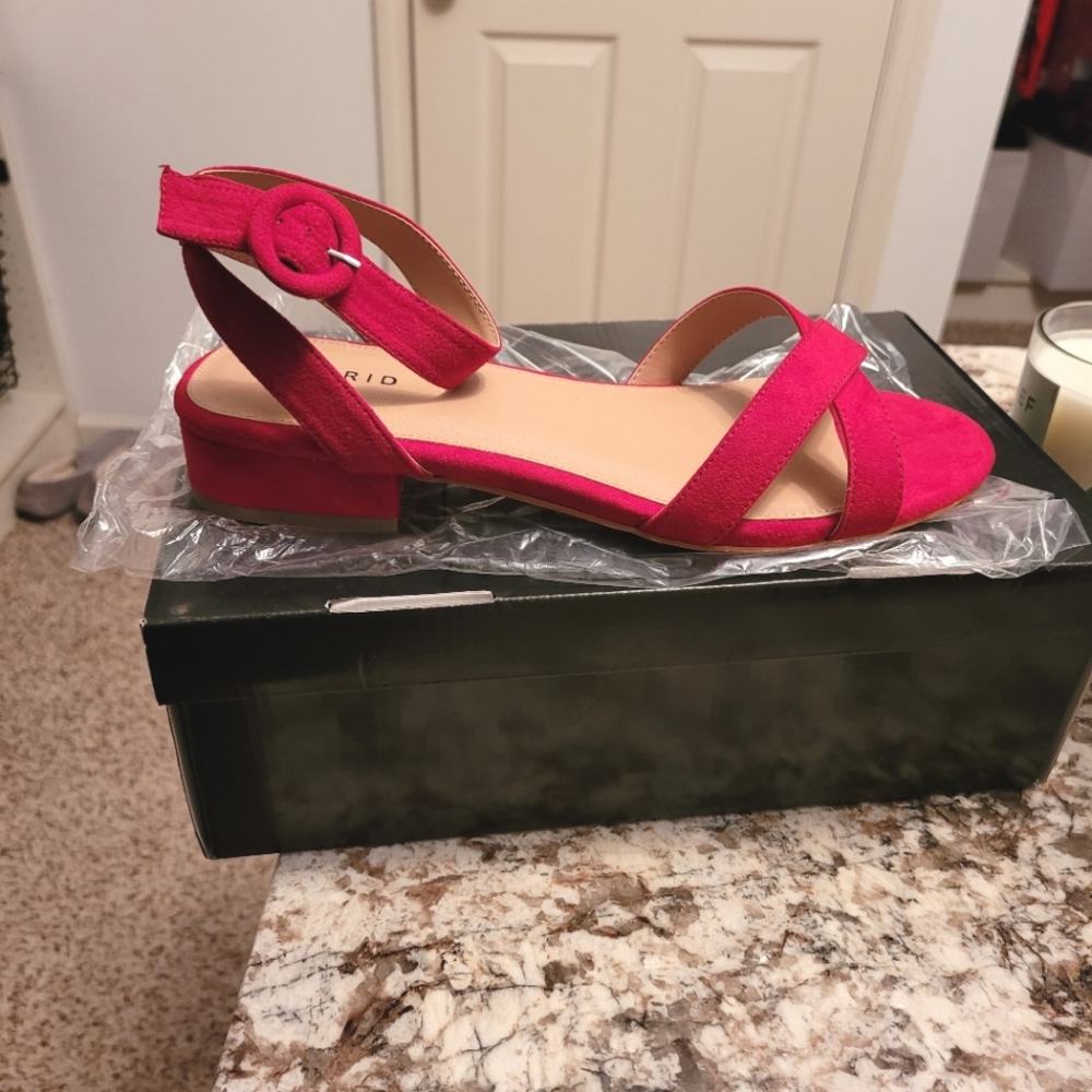 Cute brand New velvet red sandals with ankle strap.